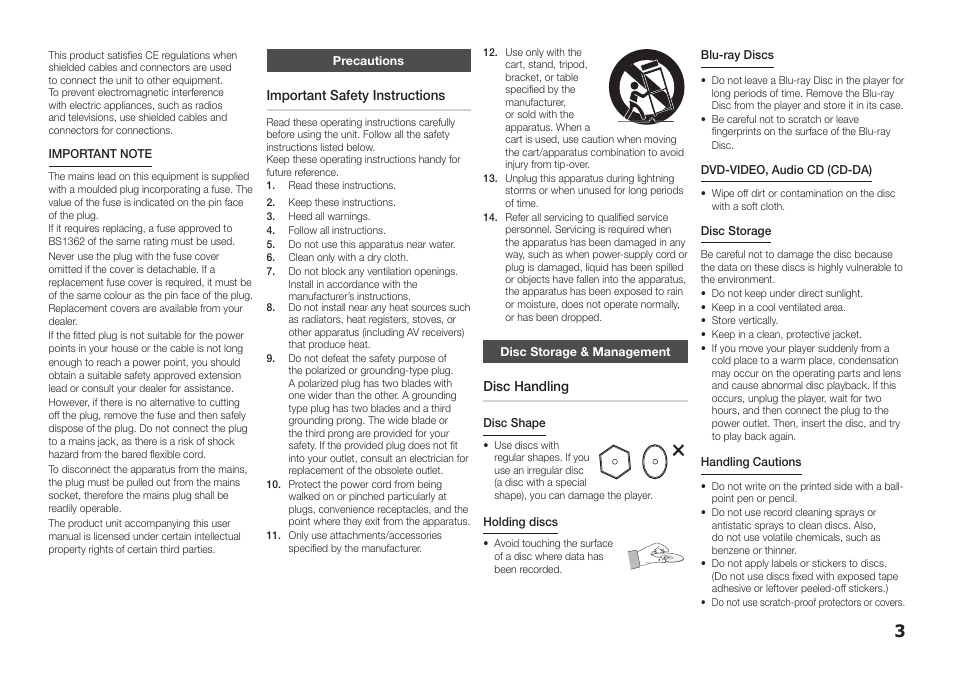 Precautions, Disc storage & management, Important safety instructions | Disc handling | Samsung BD-E5300-ZA User Manual | Page 3 / 28