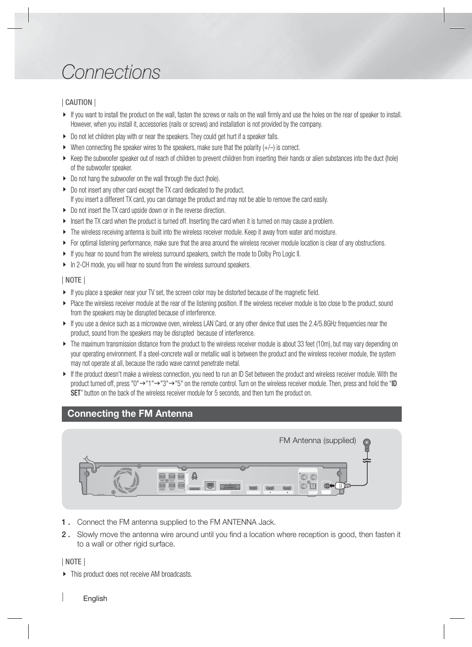 Connections, Connecting the fm antenna, English | Samsung HT-E5400-ZA User Manual | Page 18 / 65
