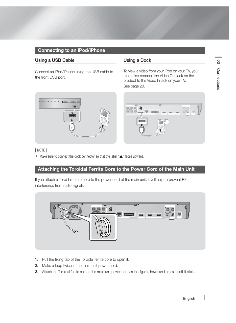 Connecting to an ipod/iphone, Using a usb cable, Using a dock | 03 connections, English, 5v 500ma, Surround | Samsung HT-E5400-ZA User Manual | Page 19 / 65