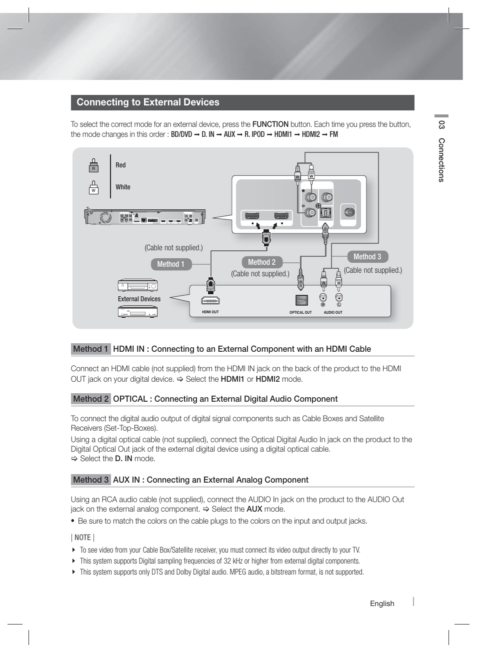 Connecting to external devices | Samsung HT-E5400-ZA User Manual | Page 21 / 65