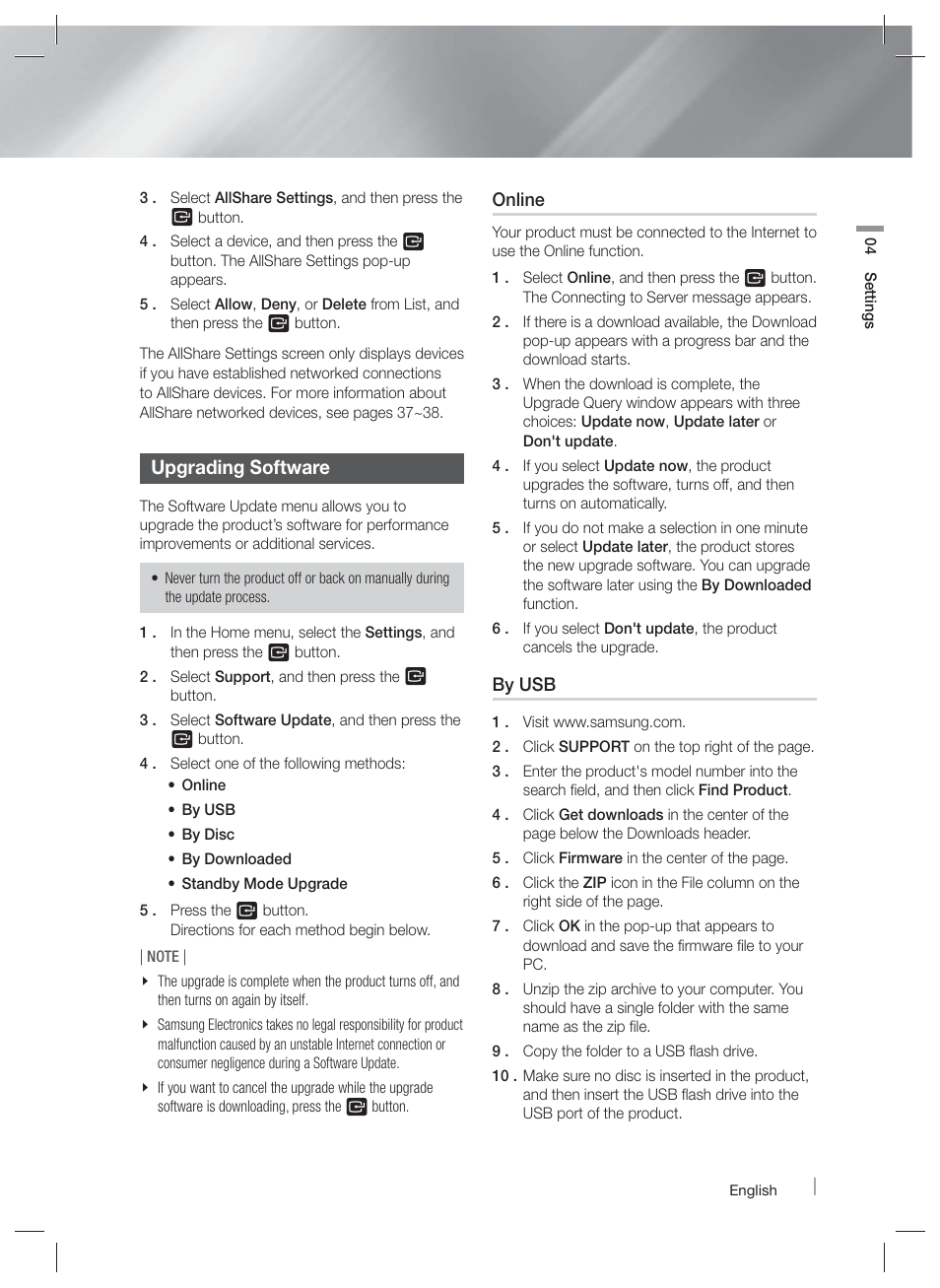 Upgrading software | Samsung HT-E5400-ZA User Manual | Page 35 / 65