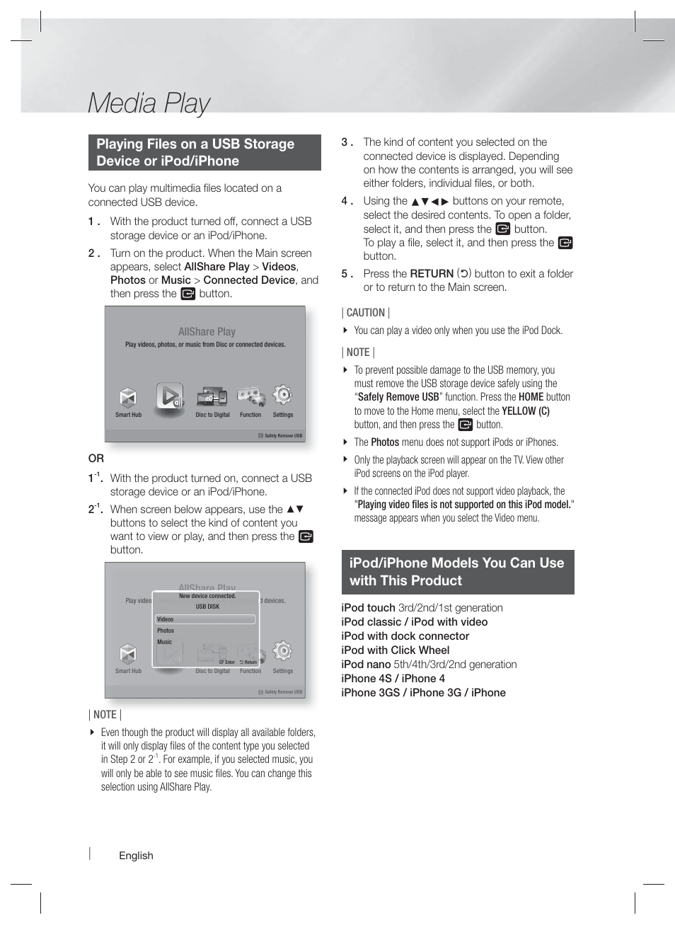 Media play, Ipod/iphone models you can use with this product | Samsung HT-E5400-ZA User Manual | Page 38 / 65
