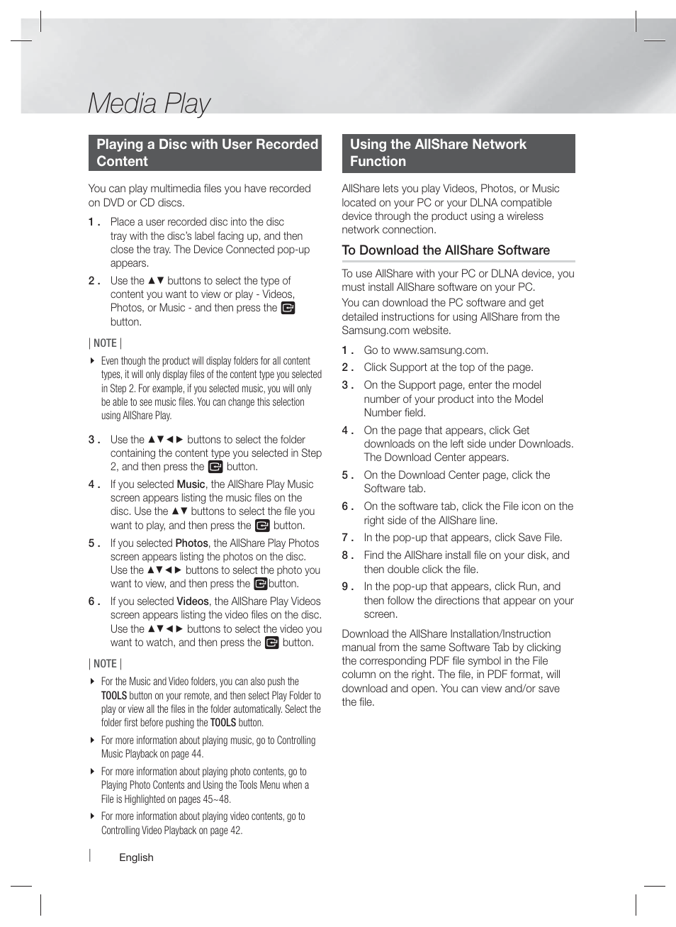 Media play | Samsung HT-E5400-ZA User Manual | Page 40 / 65