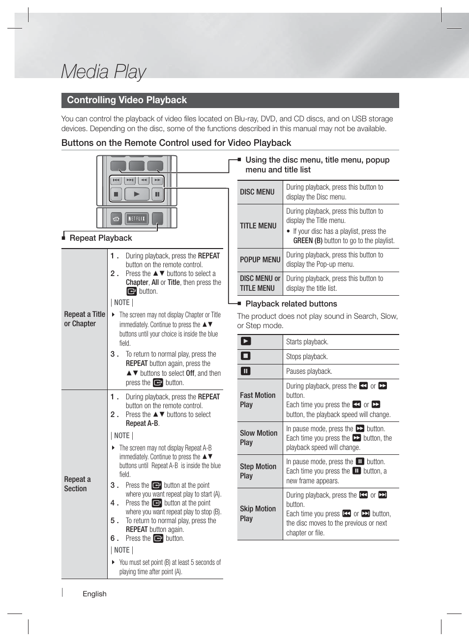 Media play, Controlling video playback | Samsung HT-E5400-ZA User Manual | Page 42 / 65