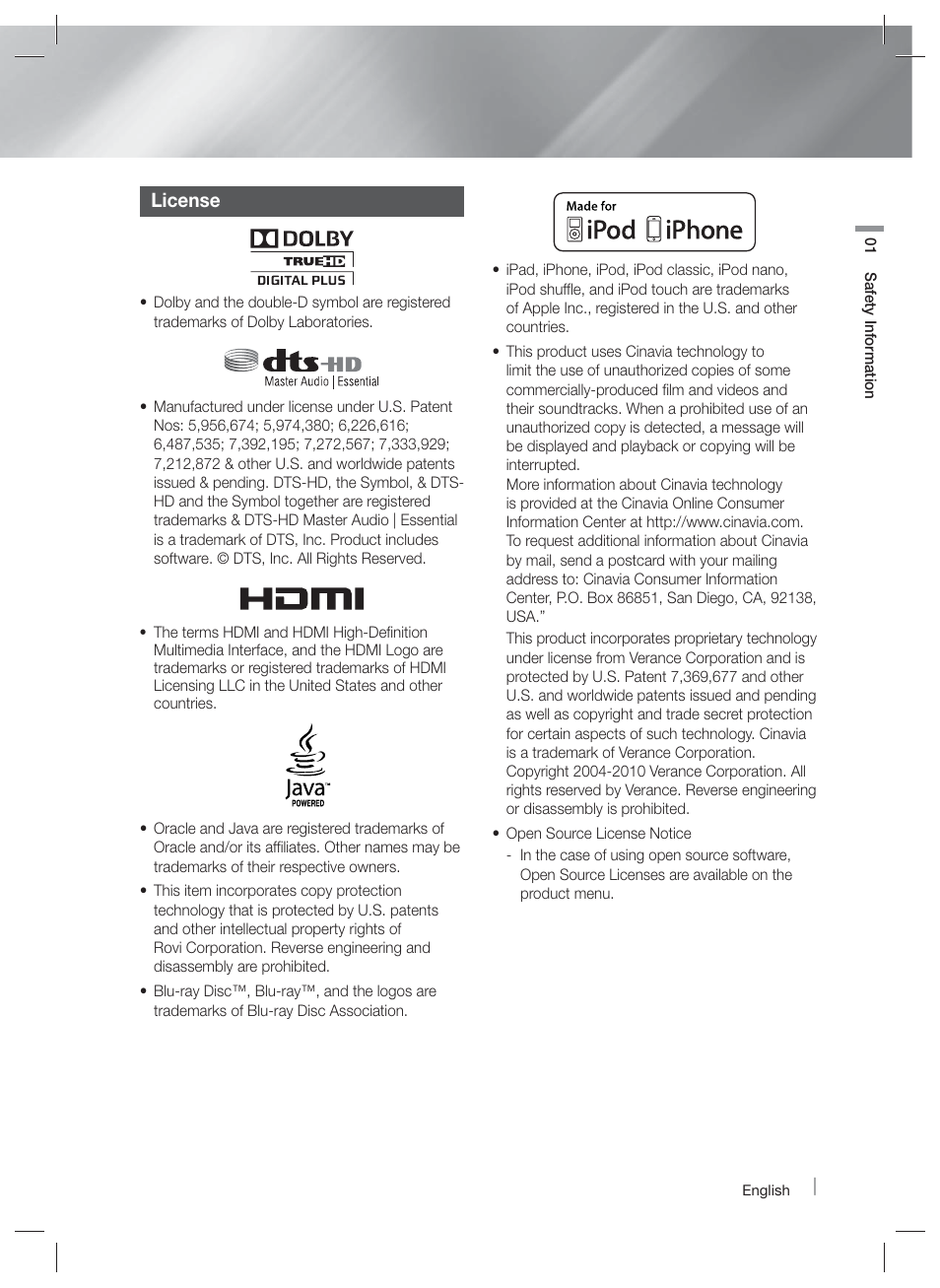 License | Samsung HT-E5400-ZA User Manual | Page 5 / 65
