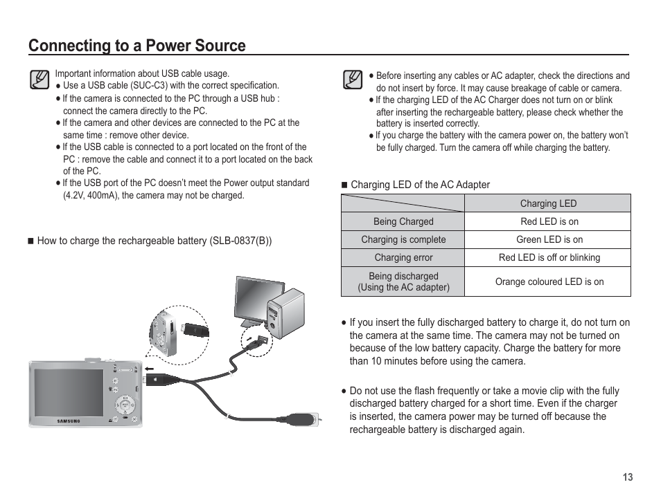 Connecting to a power source | Samsung EC-SL201SBA-US User Manual | Page 14 / 98