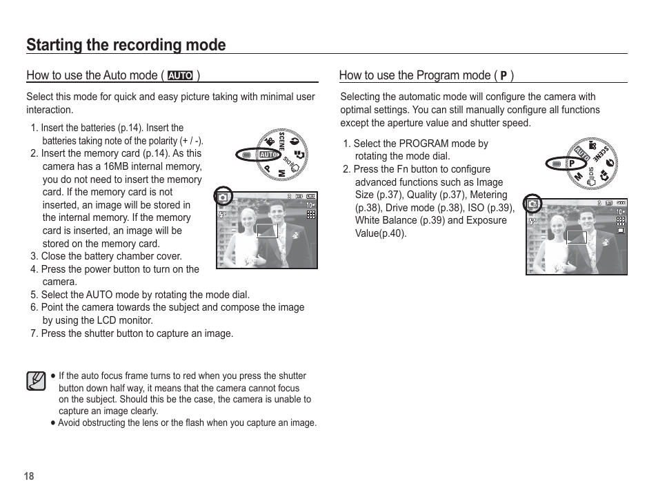 Starting the recording mode | Samsung EC-SL201SBA-US User Manual | Page 19 / 98