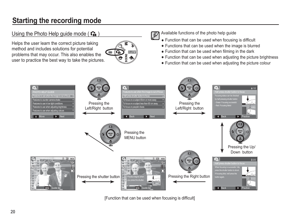 Starting the recording mode, Using the photo help guide mode, Available functions of the photo help guide | Samsung EC-SL201SBA-US User Manual | Page 21 / 98