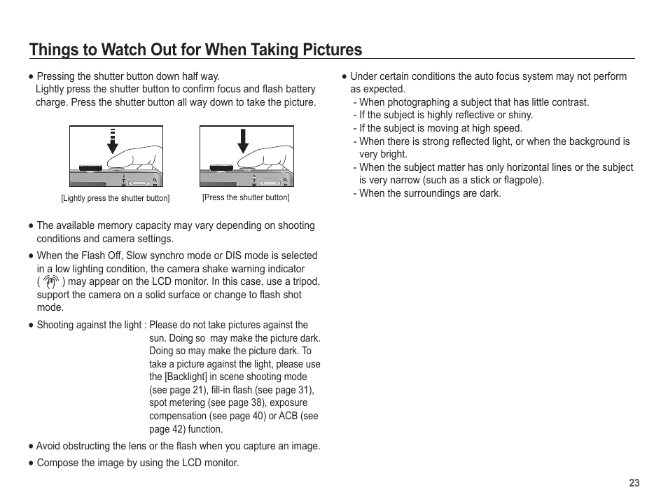 Things to watch out for when taking pictures | Samsung EC-SL201SBA-US User Manual | Page 24 / 98