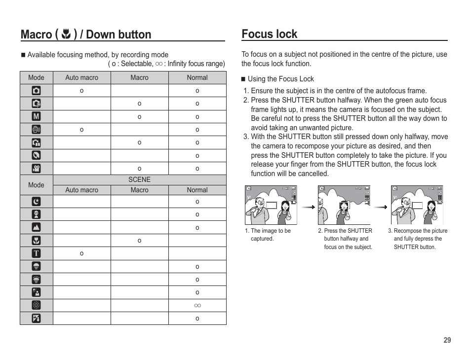 Focus lock, Macro, Down button | Samsung EC-SL201SBA-US User Manual | Page 30 / 98
