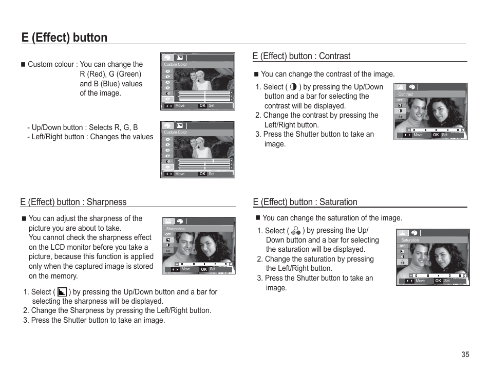 E (effect) button, E (effect) button : sharpness, E (effect) button : contrast | E (effect) button : saturation | Samsung EC-SL201SBA-US User Manual | Page 36 / 98