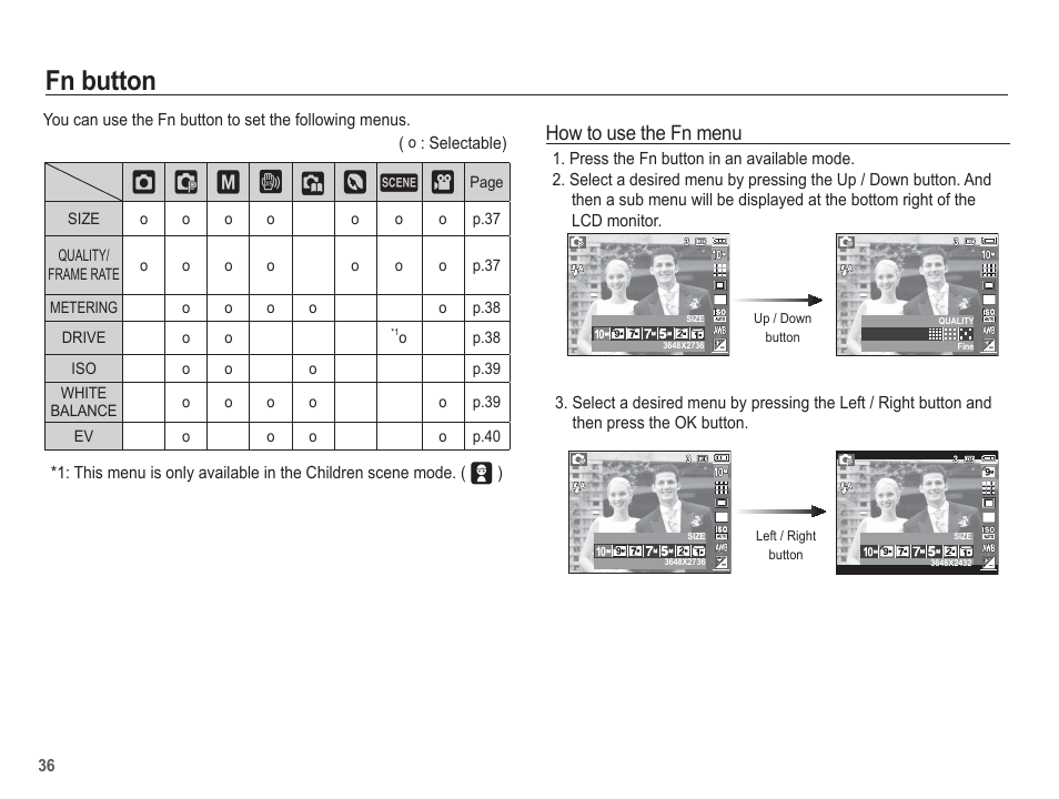 Fn button, Š‰ ✆ ÿ _ m, How to use the fn menu | Samsung EC-SL201SBA-US User Manual | Page 37 / 98