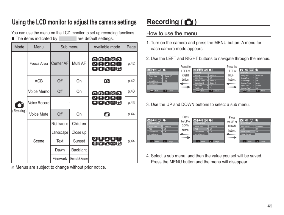 How to use the menu, Ämenus are subject to change without prior notice, Center af multi af | Acb off on, Voice record, Voice mute off on, Scene nightscene children, Foucs area, P.42, P.43 | Samsung EC-SL201SBA-US User Manual | Page 42 / 98