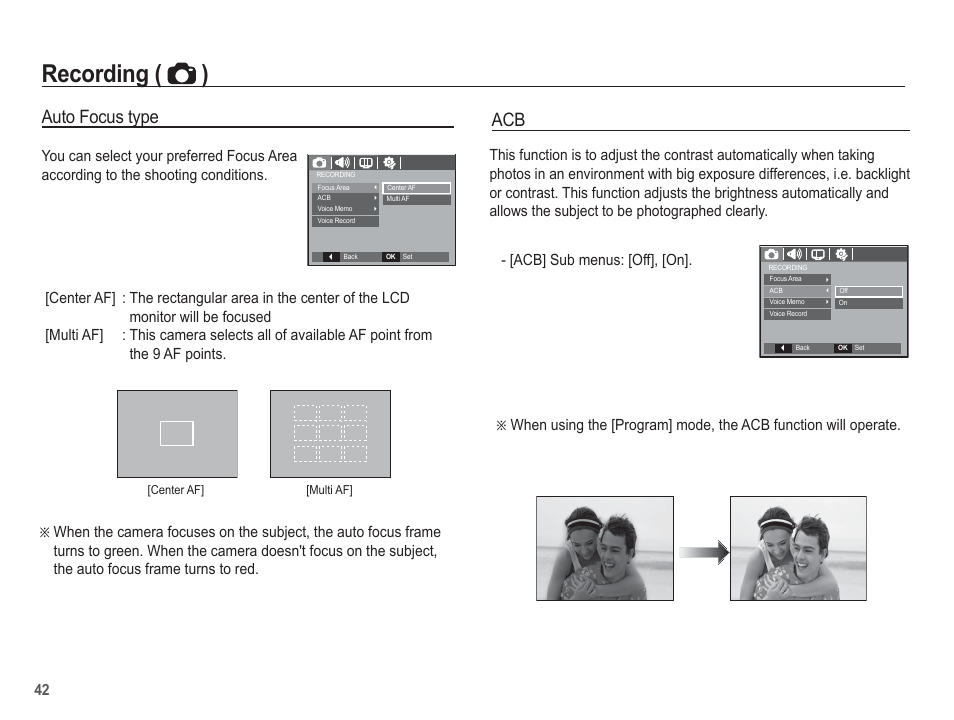Recording ( ), Auto focus type | Samsung EC-SL201SBA-US User Manual | Page 43 / 98