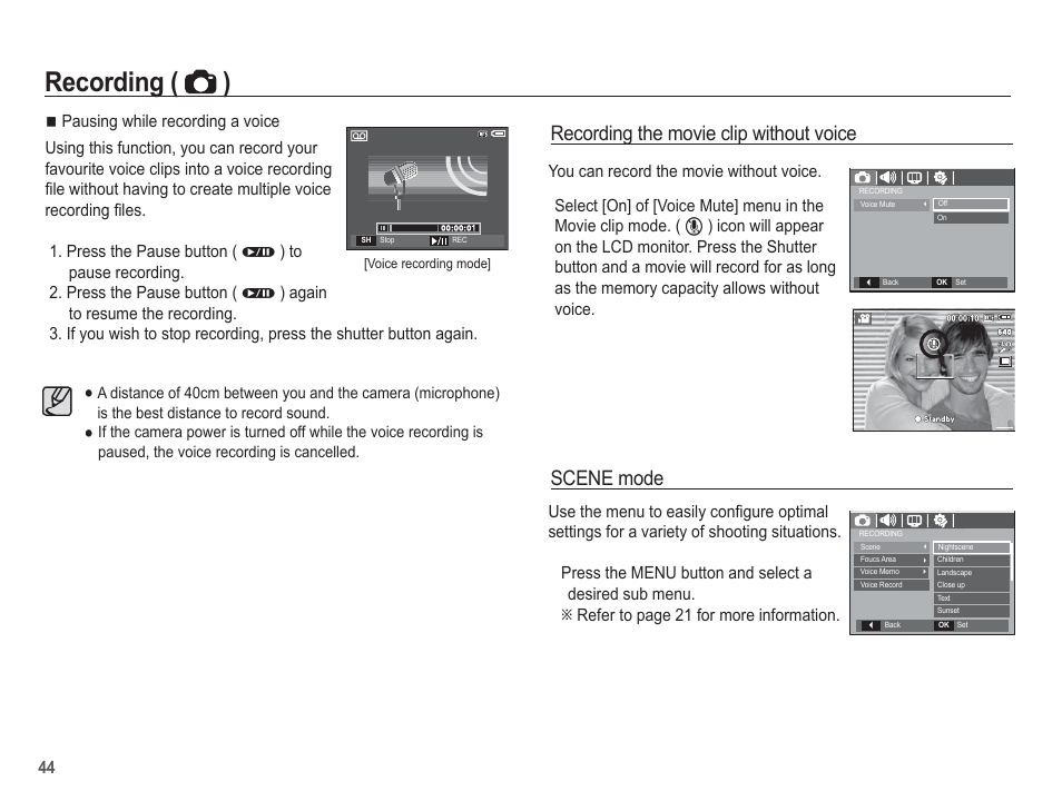 Recording ( ), Recording the movie clip without voice, Scene mode | Samsung EC-SL201SBA-US User Manual | Page 45 / 98