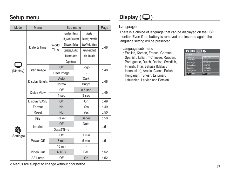 Setup menu, Display ( ), Language | Samsung EC-SL201SBA-US User Manual | Page 48 / 98