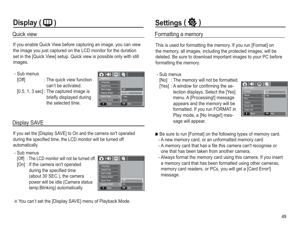 Display ( ), Settings ( ” ), Quick view | Display save | Samsung EC-SL201SBA-US User Manual | Page 50 / 98