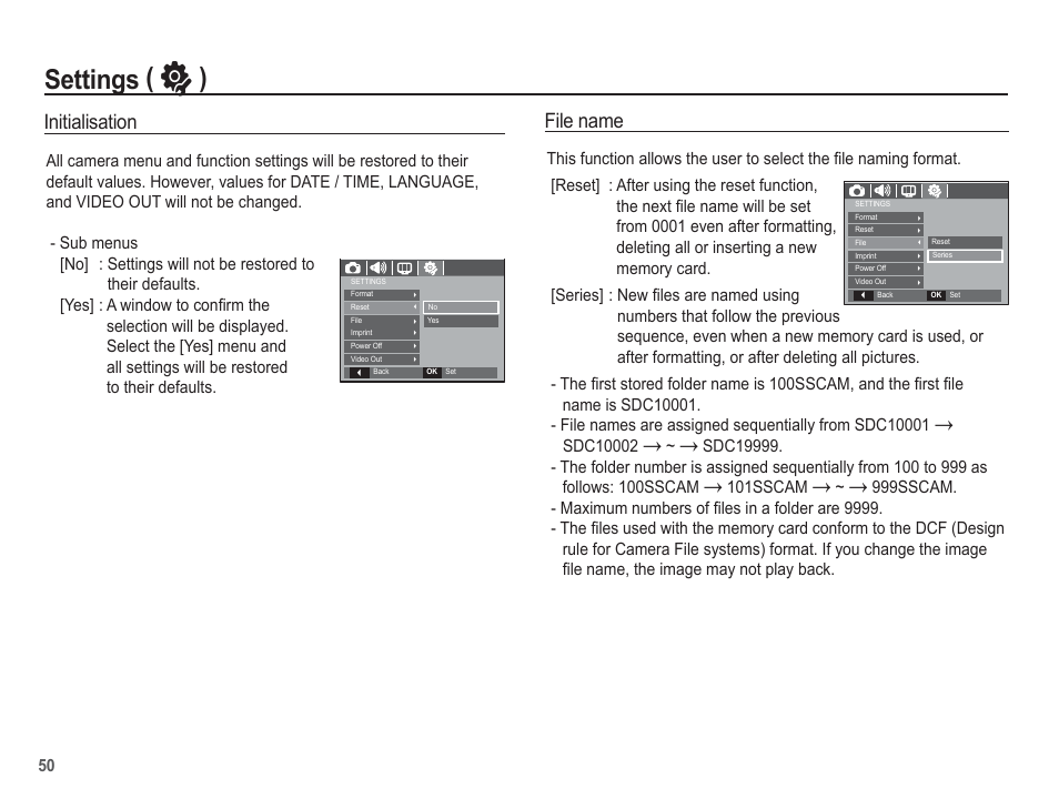 Settings ( ” ), Initialisation, File name | Samsung EC-SL201SBA-US User Manual | Page 51 / 98