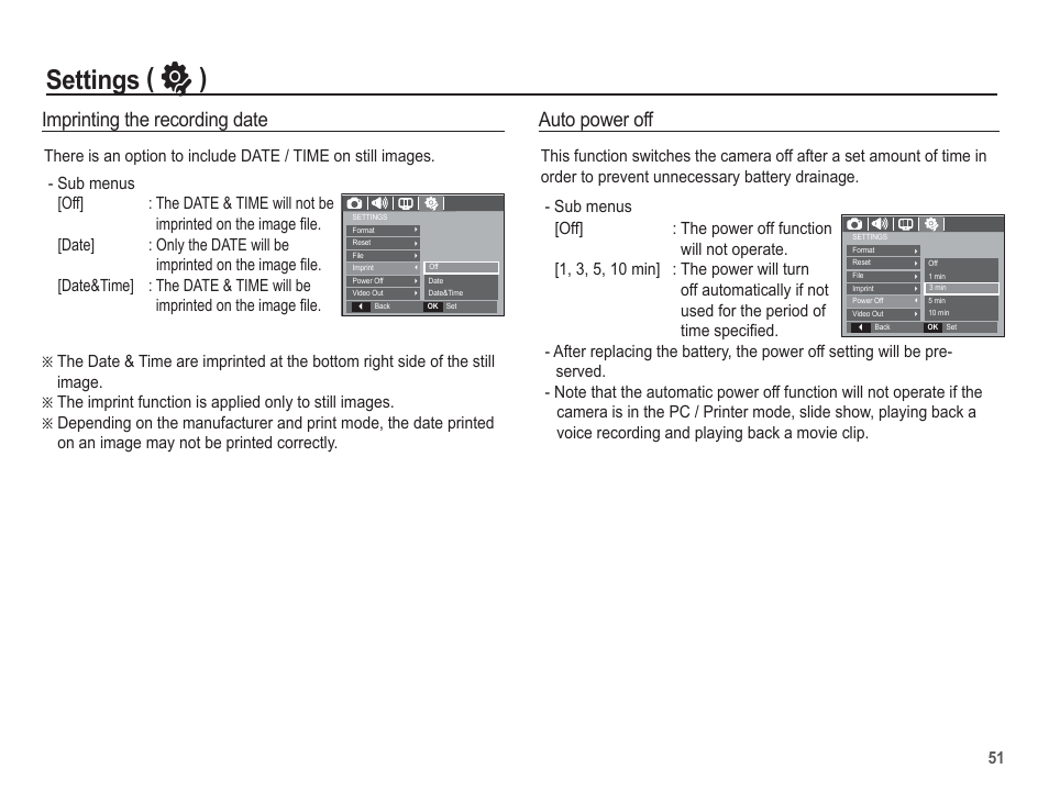 Settings ( ” ), Imprinting the recording date, Auto power off | Samsung EC-SL201SBA-US User Manual | Page 52 / 98