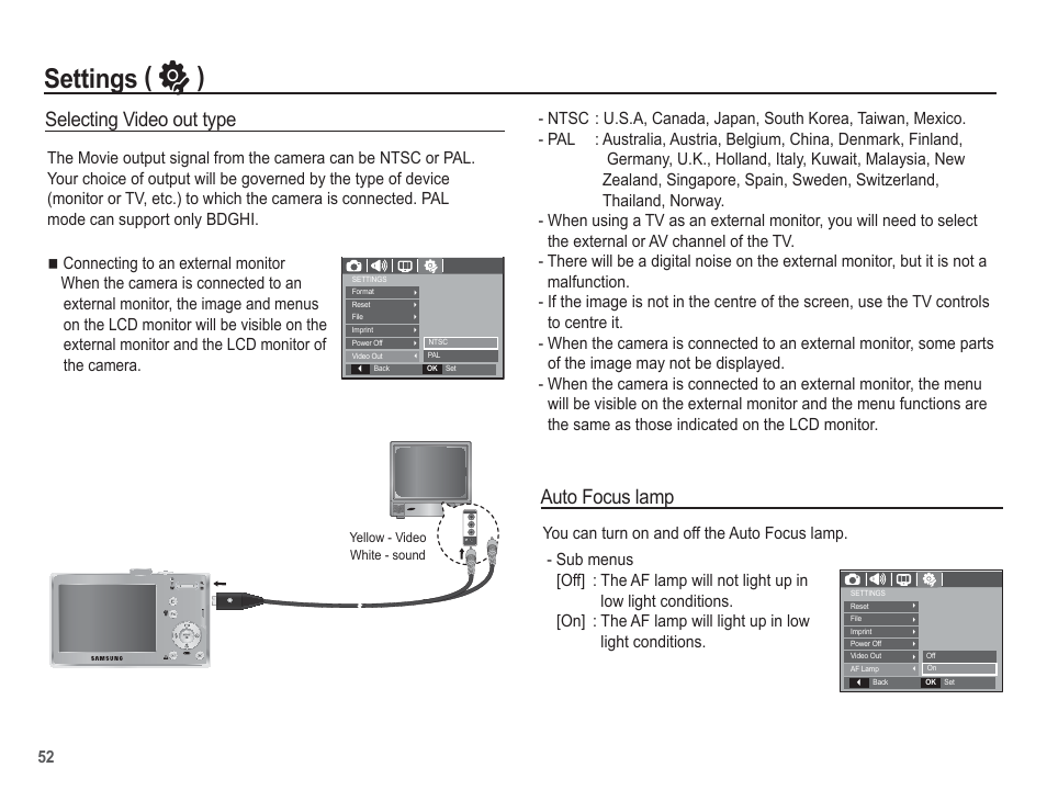 Settings ( ” ), Selecting video out type, Auto focus lamp | Samsung EC-SL201SBA-US User Manual | Page 53 / 98