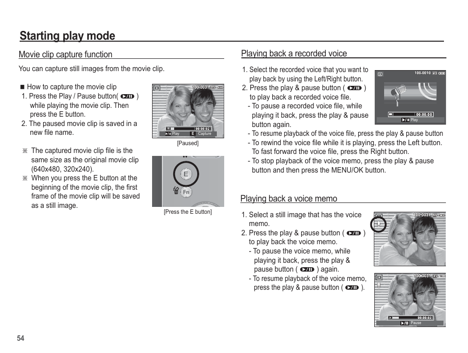Starting play mode, Movie clip capture function, Playing back a recorded voice | Samsung EC-SL201SBA-US User Manual | Page 55 / 98