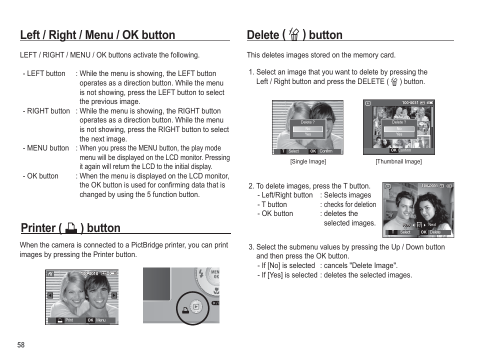 Delete ( õ ) button, Printer ( » ) button, Left / right / menu / ok button | Samsung EC-SL201SBA-US User Manual | Page 59 / 98