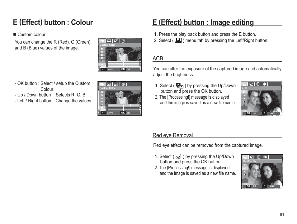 E (effect) button : colour, E (effect) button : image editing, Red eye removal | Samsung EC-SL201SBA-US User Manual | Page 62 / 98