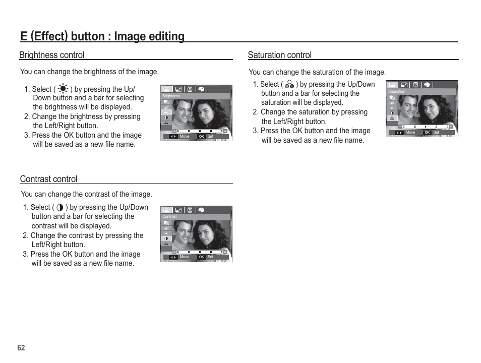 E (effect) button : image editing, Brightness control, Contrast control | Saturation control | Samsung EC-SL201SBA-US User Manual | Page 63 / 98