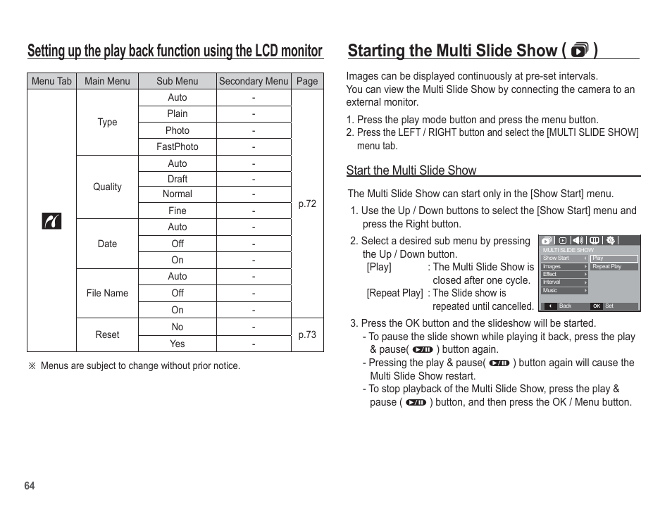 Starting the multi slide show (  ), Start the multi slide show | Samsung EC-SL201SBA-US User Manual | Page 65 / 98