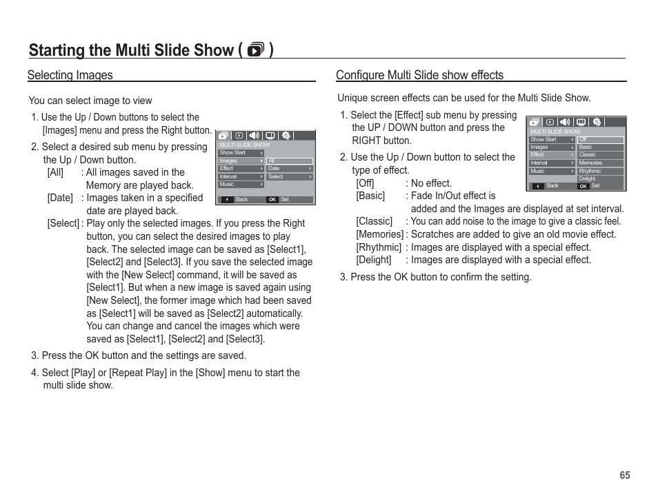 Starting the multi slide show (  ), Selecting images, Configure multi slide show effects | Samsung EC-SL201SBA-US User Manual | Page 66 / 98