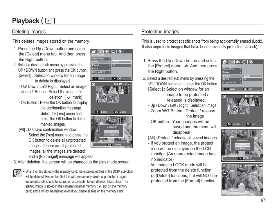 Playback ( à ), Deleting images, Protecting images | Samsung EC-SL201SBA-US User Manual | Page 68 / 98