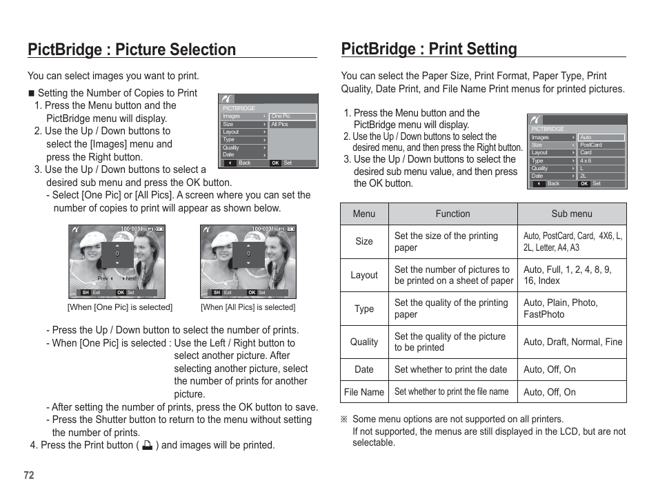 Pictbridge : picture selection, Pictbridge : print setting | Samsung EC-SL201SBA-US User Manual | Page 73 / 98