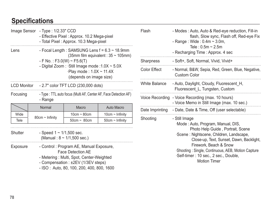 Specifications | Samsung EC-SL201SBA-US User Manual | Page 79 / 98