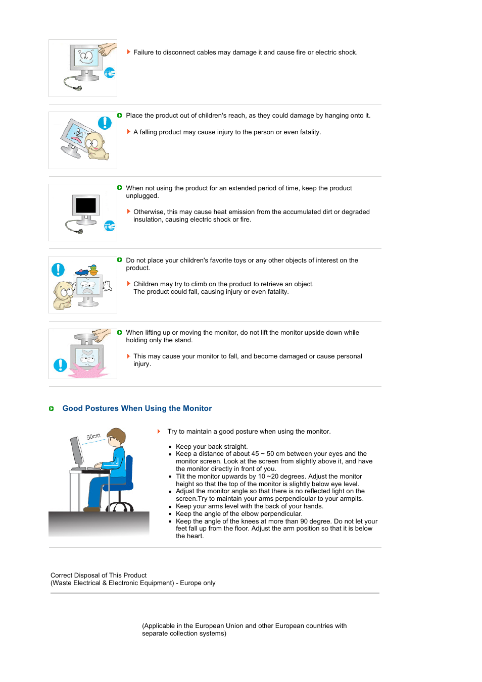 Good postures when using the monitor, Correct disposal of this product | Samsung LS19PEJSFV-XAA User Manual | Page 9 / 60
