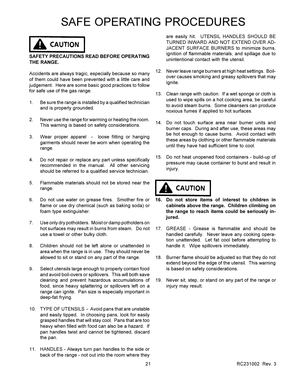 Safe operating procedures | Amana RSS User Manual | Page 22 / 124