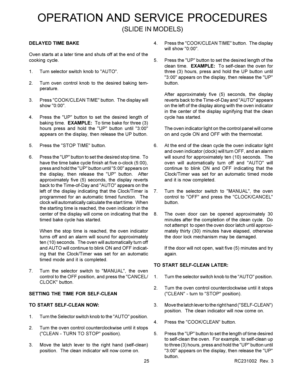 Operation and service procedures, Slide in models) | Amana RSS User Manual | Page 26 / 124