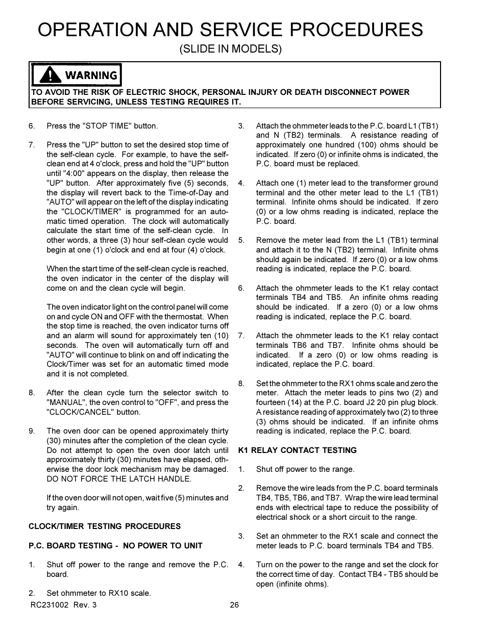 Operation and service procedures, Slide in models) | Amana RSS User Manual | Page 27 / 124