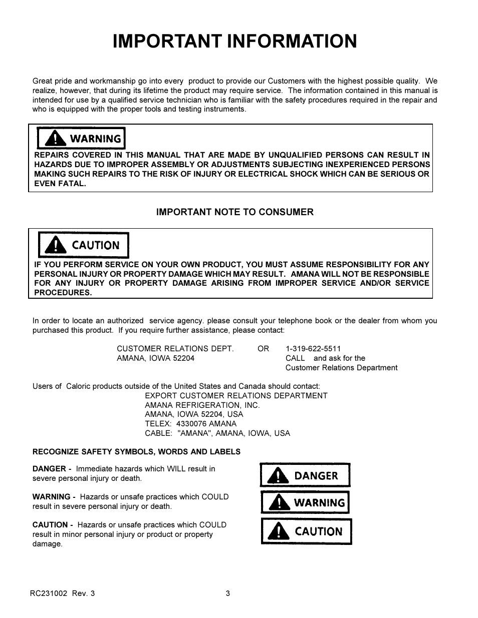 Important information | Amana RSS User Manual | Page 4 / 124