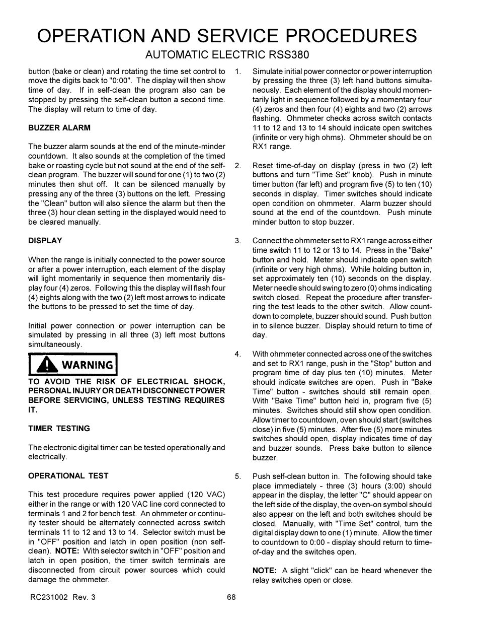 Operation and service procedures, Automatic electric rss380 | Amana RSS User Manual | Page 69 / 124