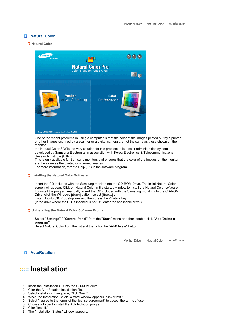 Natural color, Autorotation, Installation | Samsung LS24HUCEFV-XAA User Manual | Page 34 / 65