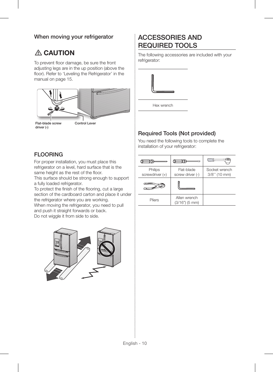 Caution, Accessories and required tools, When moving your refrigerator | Flooring, Required tools (not provided) | Samsung RF23HSESBSR-AA User Manual | Page 10 / 168