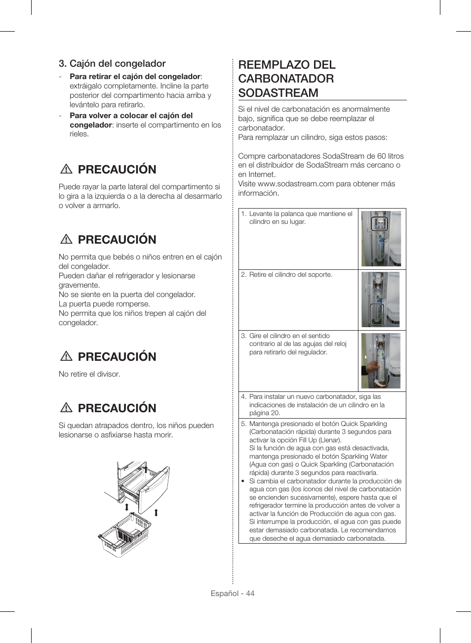 Precaución, Reemplazo del carbonatador sodastream, Cajón del congelador | Samsung RF23HSESBSR-AA User Manual | Page 100 / 168