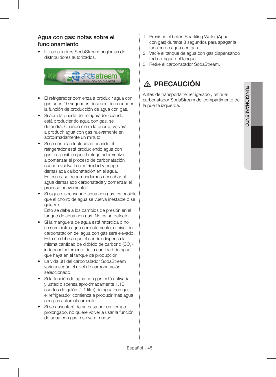Precaución, Agua con gas: notas sobre el funcionamiento | Samsung RF23HSESBSR-AA User Manual | Page 101 / 168