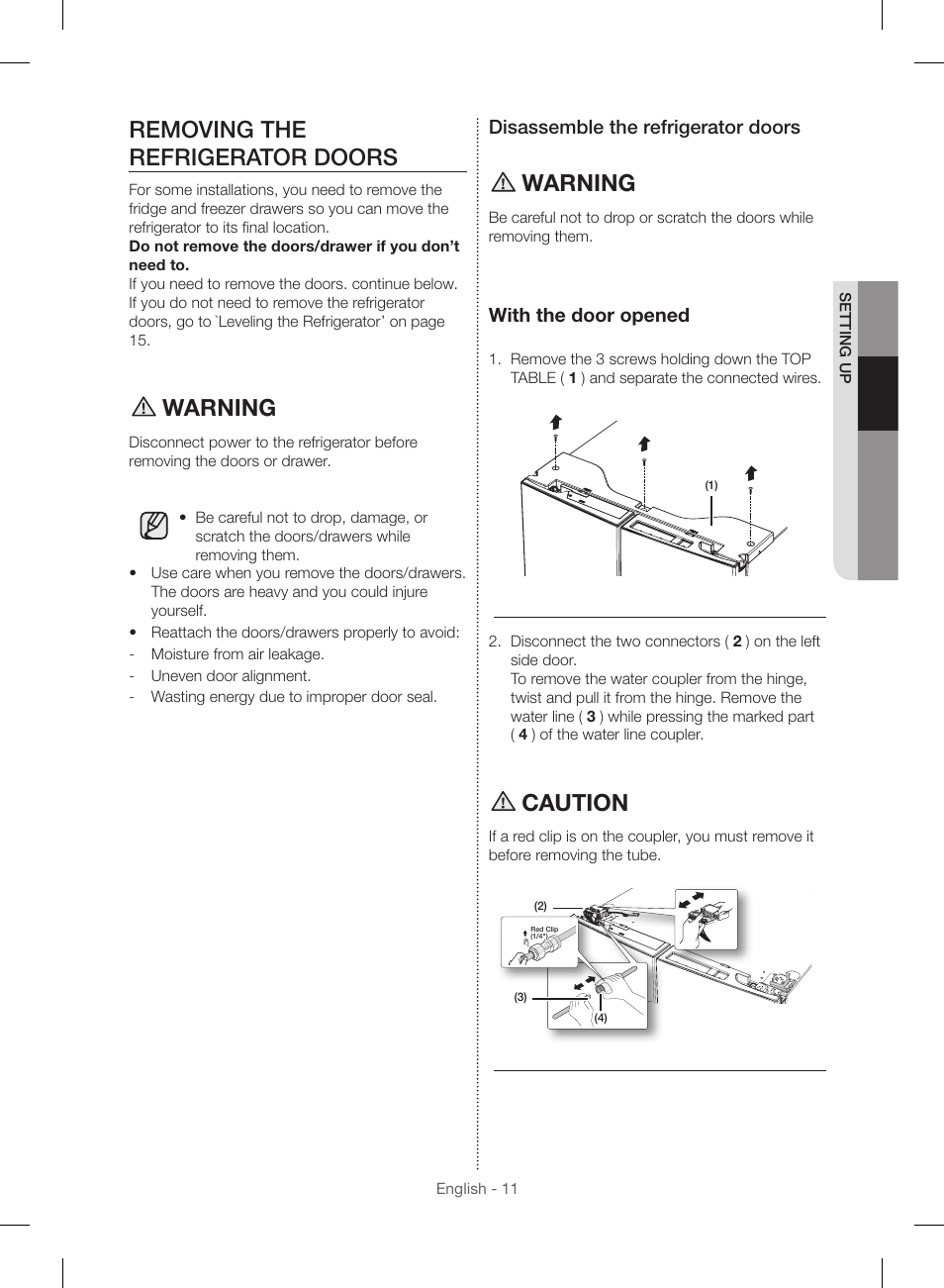 Removing the refrigerator doors, Warning, Caution | Disassemble the refrigerator doors, With the door opened | Samsung RF23HSESBSR-AA User Manual | Page 11 / 168