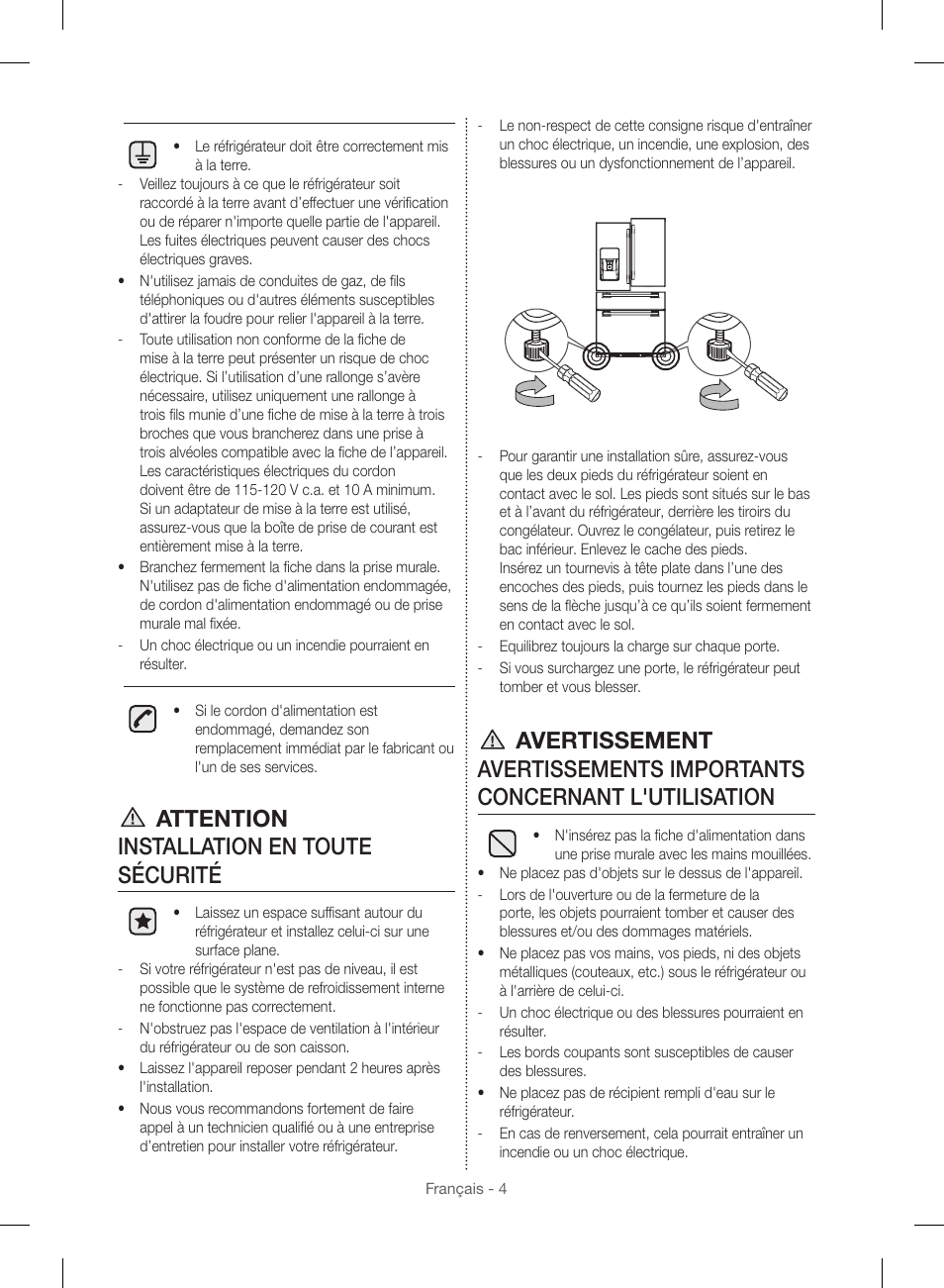 Attention installation en toute sécurité | Samsung RF23HSESBSR-AA User Manual | Page 116 / 168