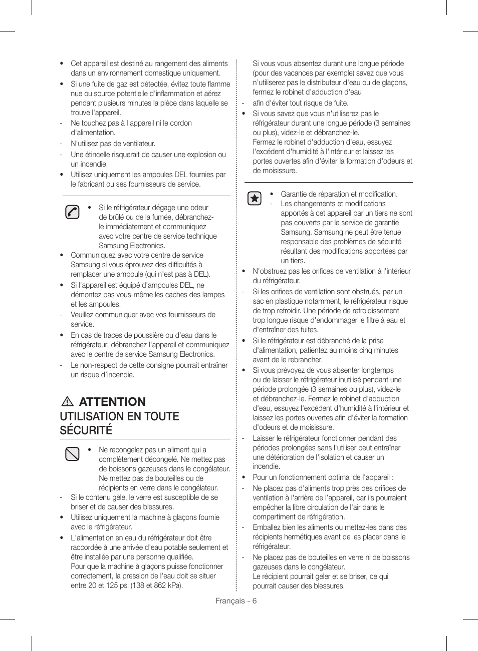 Attention utilisation en toute sécurité | Samsung RF23HSESBSR-AA User Manual | Page 118 / 168
