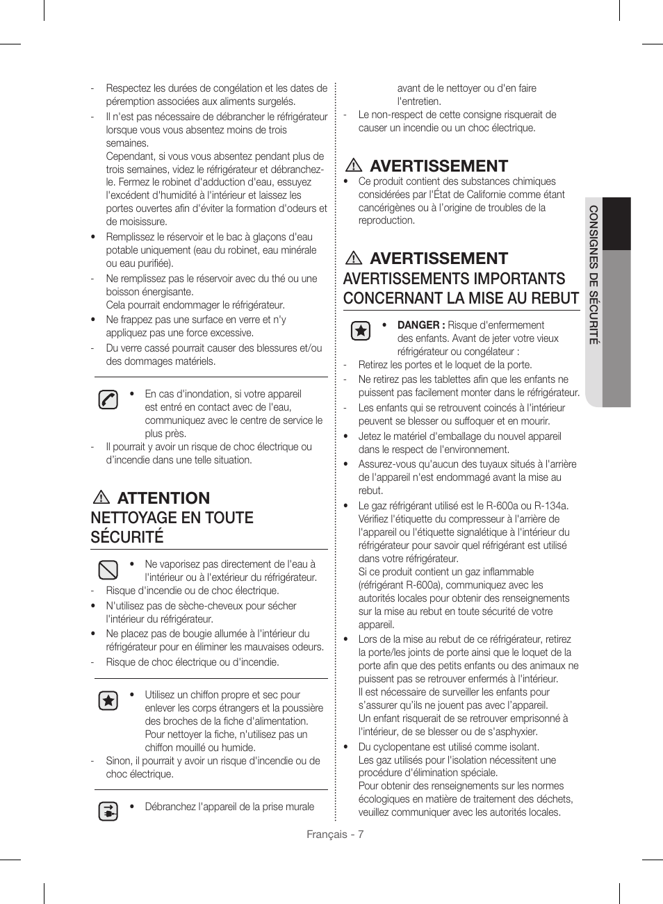 Attention nettoyage en toute sécurité, Avertissement | Samsung RF23HSESBSR-AA User Manual | Page 119 / 168