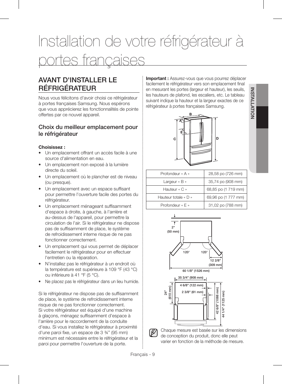 Avant d'installer le réfrigérateur | Samsung RF23HSESBSR-AA User Manual | Page 121 / 168