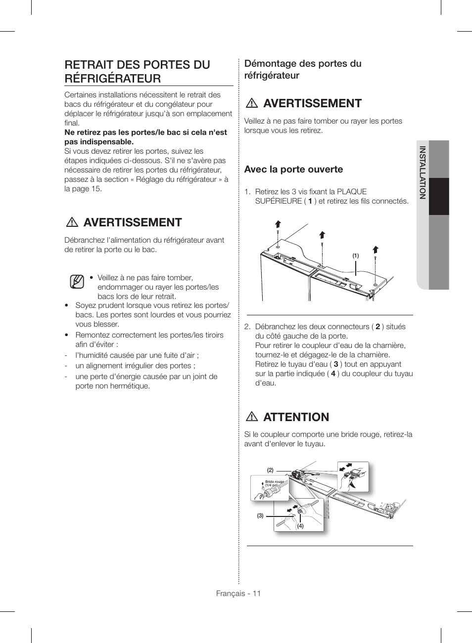 Retrait des portes du réfrigérateur, Avertissement, Attention | Démontage des portes du réfrigérateur, Avec la porte ouverte | Samsung RF23HSESBSR-AA User Manual | Page 123 / 168