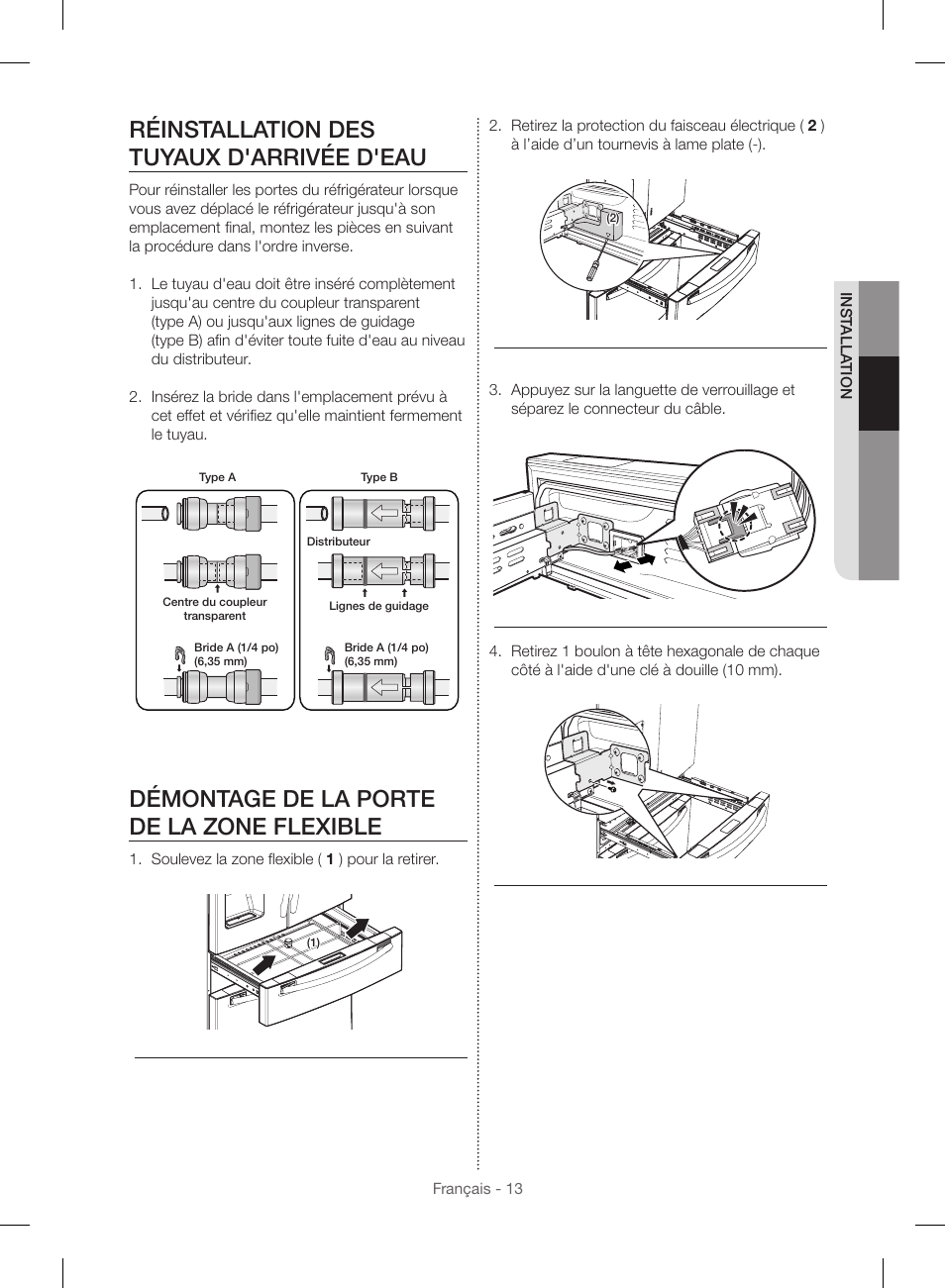Réinstallation des tuyaux d'arrivée d'eau, Démontage de la porte de la zone flexible | Samsung RF23HSESBSR-AA User Manual | Page 125 / 168